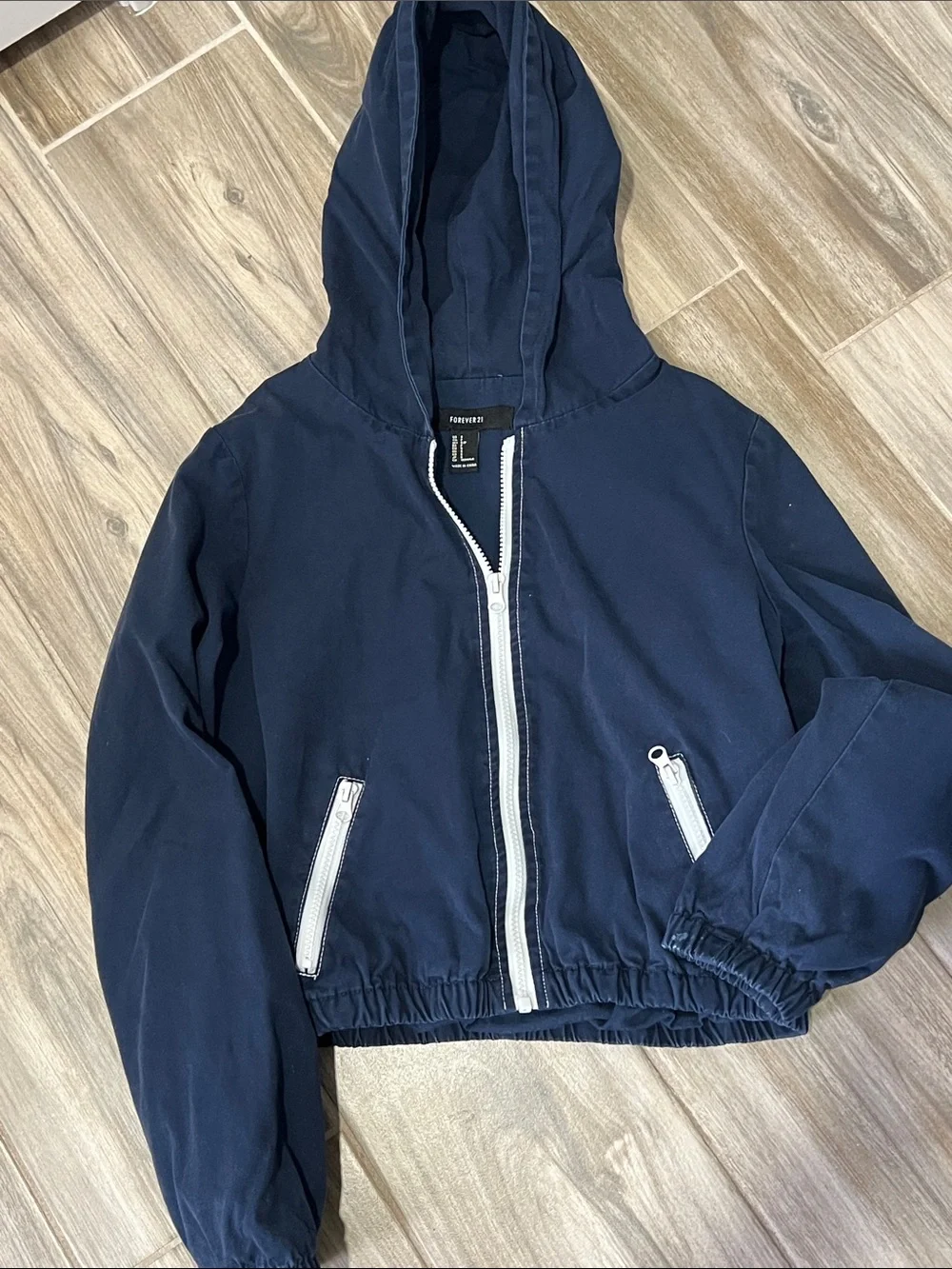 Forever 21 Navy Hooded lightweight jacket with White Zippers